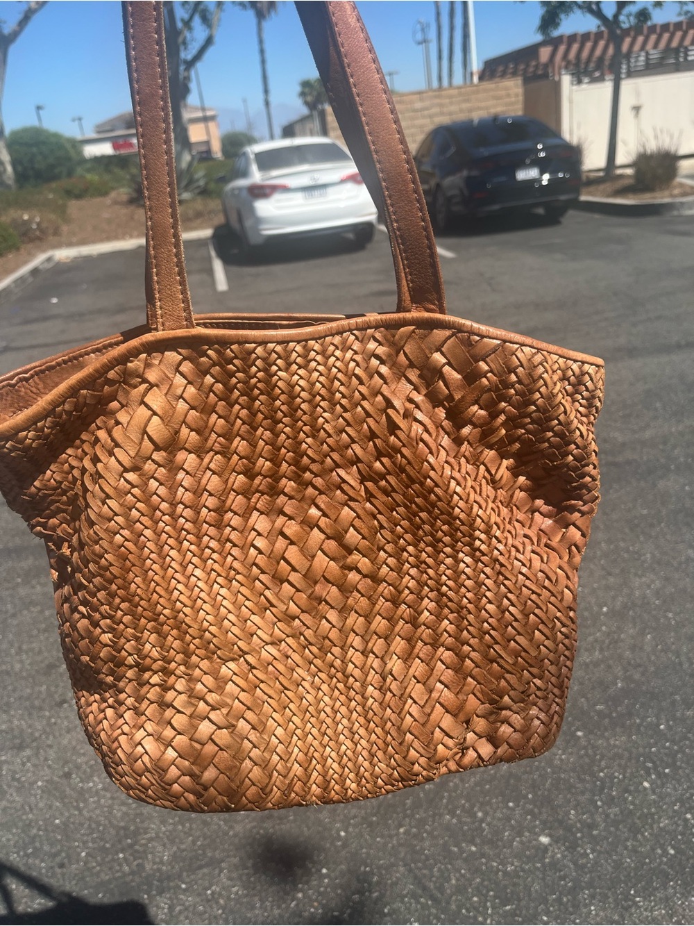 Woven Leather Tote Bag in Tan
